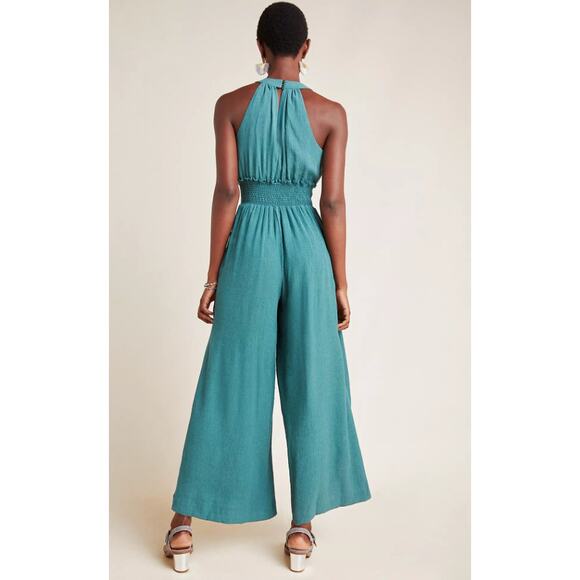 Anthropologie S Bionda Plisse Jumpsuit Green Sleeveless Smocked Wide Leg - Picture 6 of 7